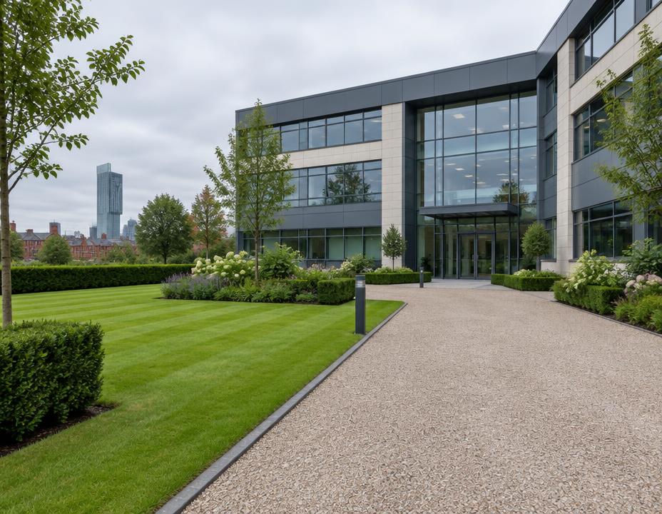 Illustrative commercial grounds with clipped hedges and a maintained lawn