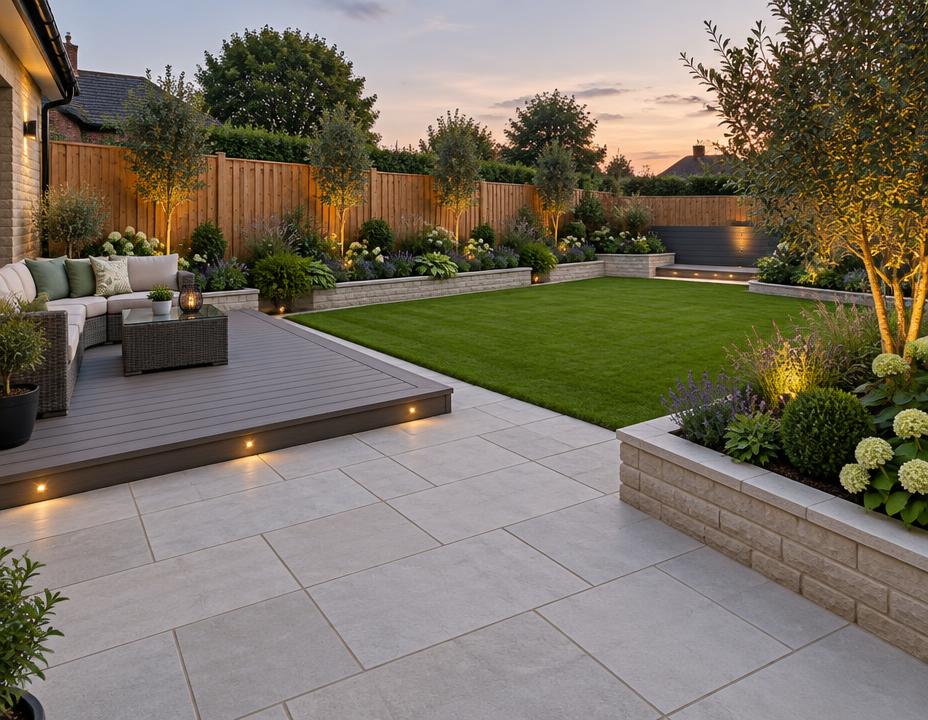 Illustrative landscaped garden with stone paving, decking, turf and timber fencing
